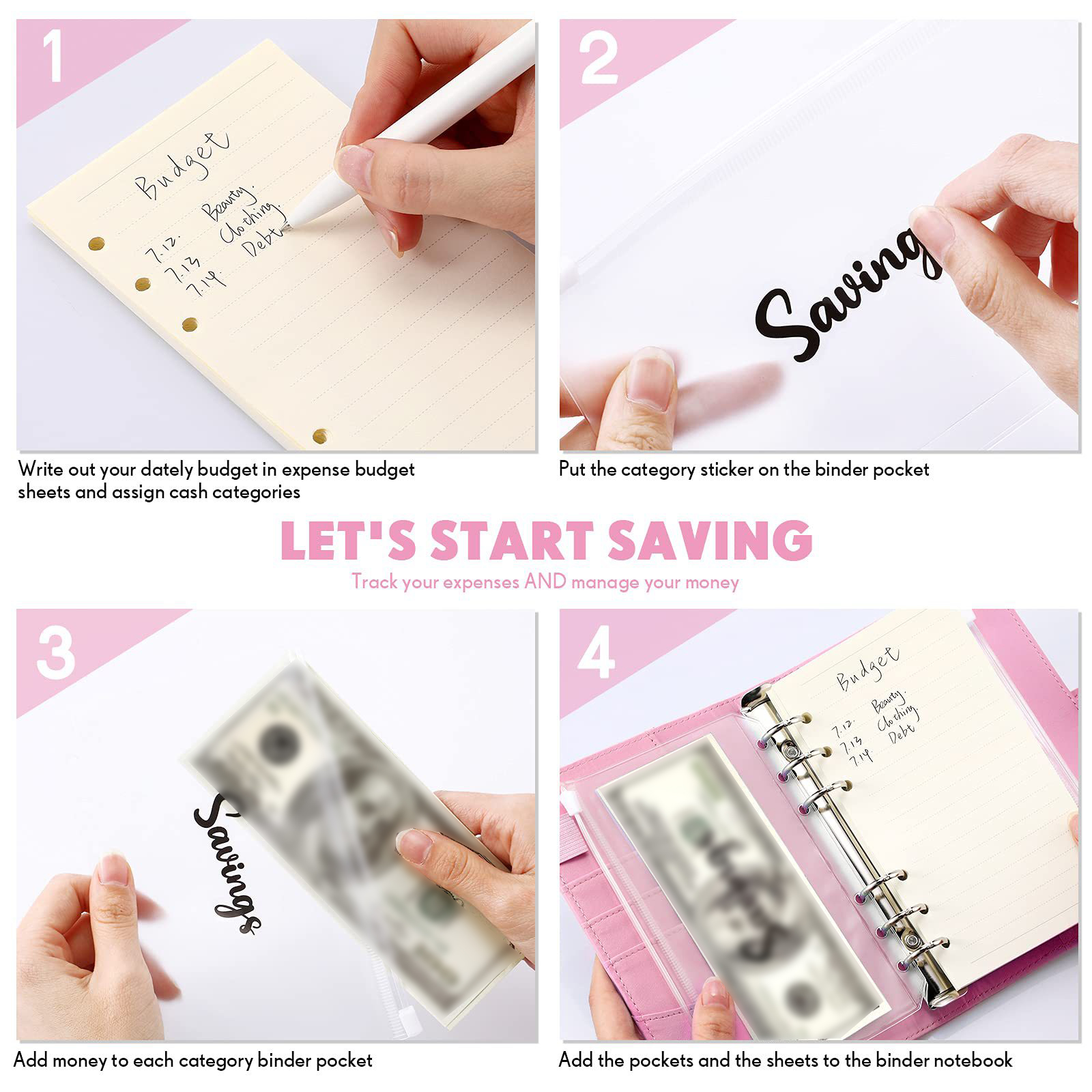  Carpeta de presupuesto A6, organizador de dinero para libros  pequeños, planificador de presupuesto, cuaderno de dinero en efectivo con  sobres de cremallera, rosa y blanco : Productos de Oficina