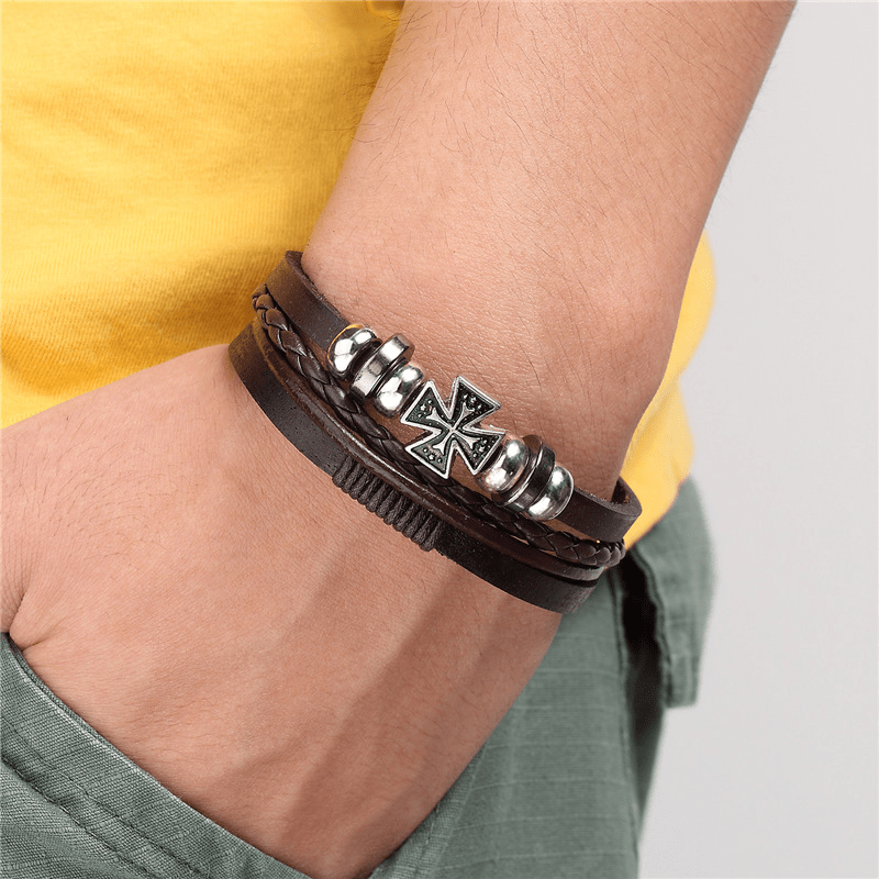 Men Black Leather Leaf Bracelet Surfer Wide Multi Row Layer Stack Wristband  Wrap