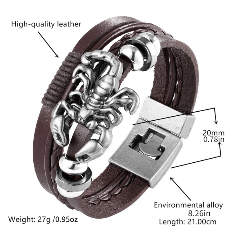 Four Multilayer Strap Black Leather Bracelet with Stainless Steel