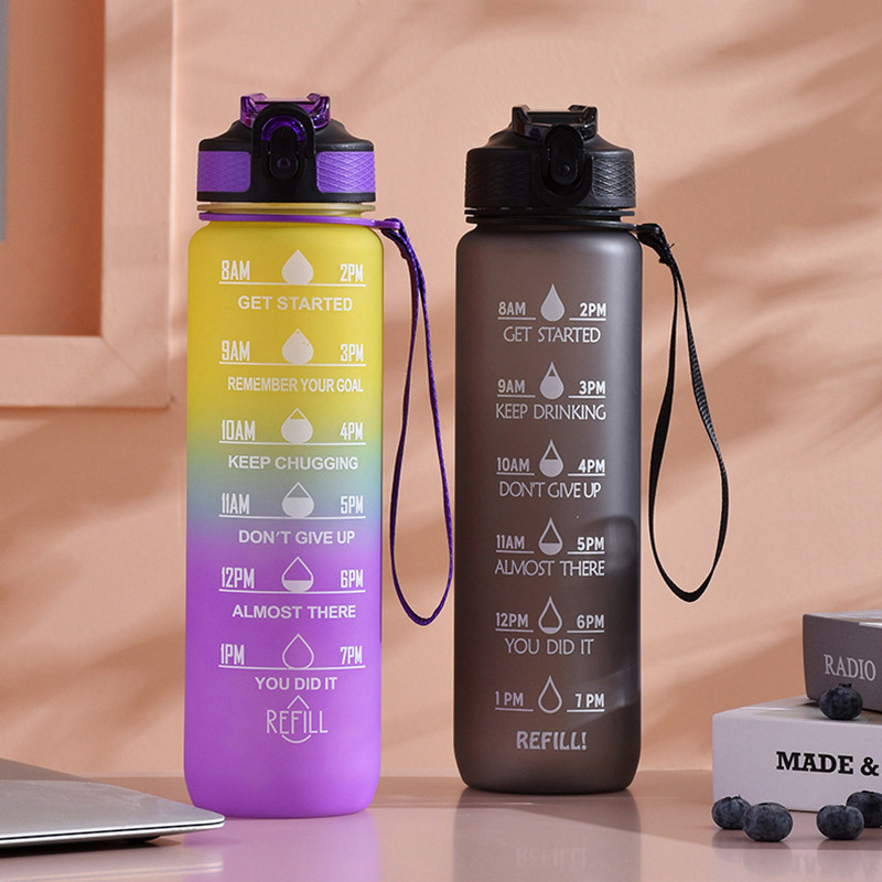 1 Liter Water Bottle With Time Scale fitness Outdoor Sports Water bottles  with straw Frosted Leakproof Motivational Sport Cups