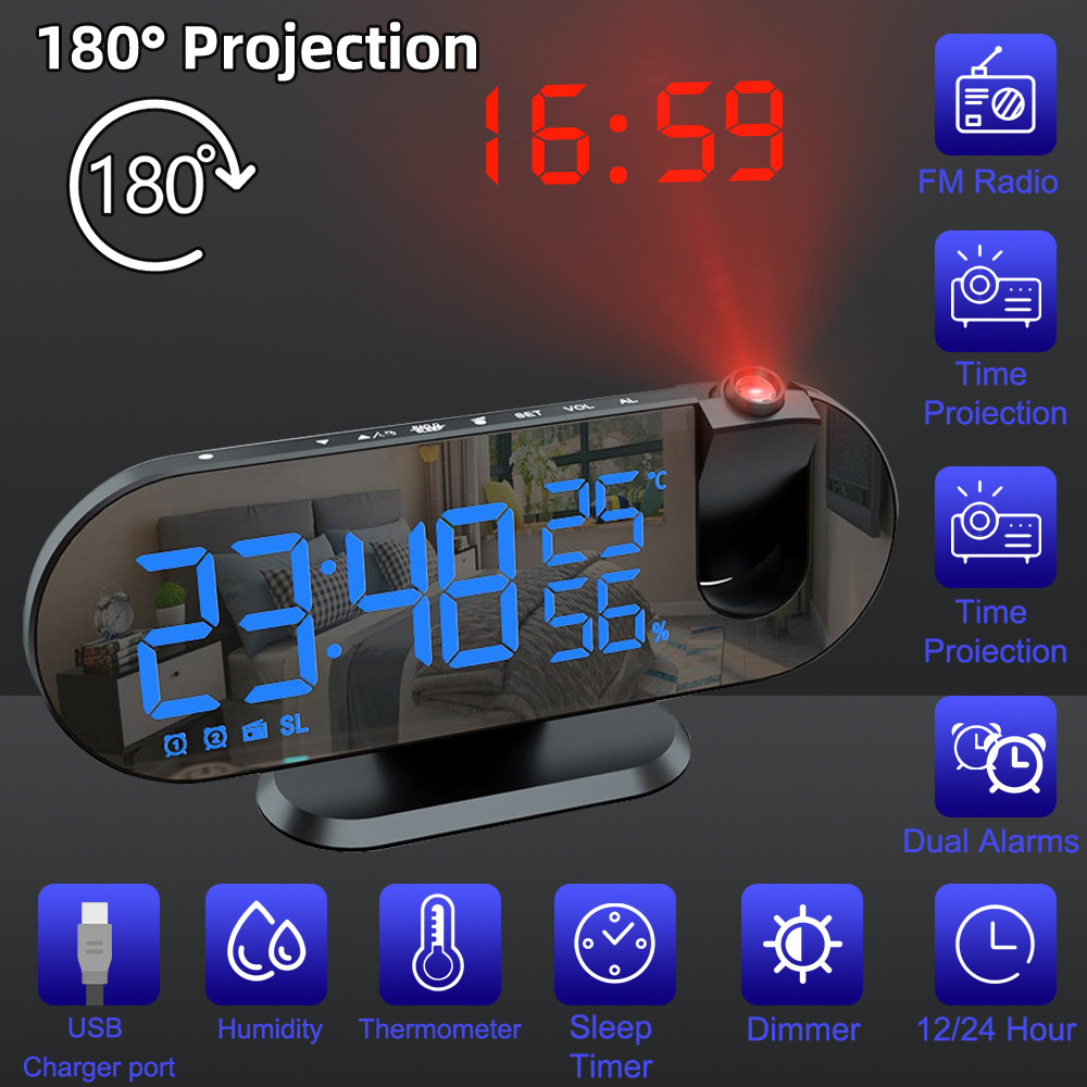 Reloj despertador de proyección, reloj digital con proyector giratorio de  180°, atenuador de brillo de 3 niveles, pantalla LED transparente, cargador