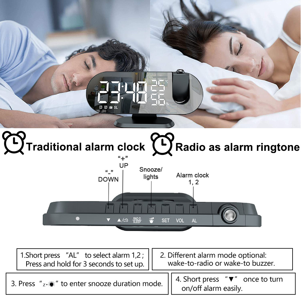 Radio Réveil Projection, Réveil Projecteur Plafond avec Radio FM Réveil  Snooze, Horloge à Projection Heure