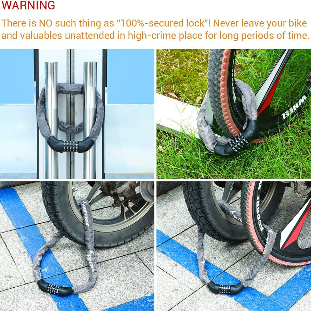 Candado de cadena para bicicleta, combinación de 3.2 pies/4 pies y llaves,  cerradura de bicicleta antirrobo de 4 dígitos resistente, cerradura de