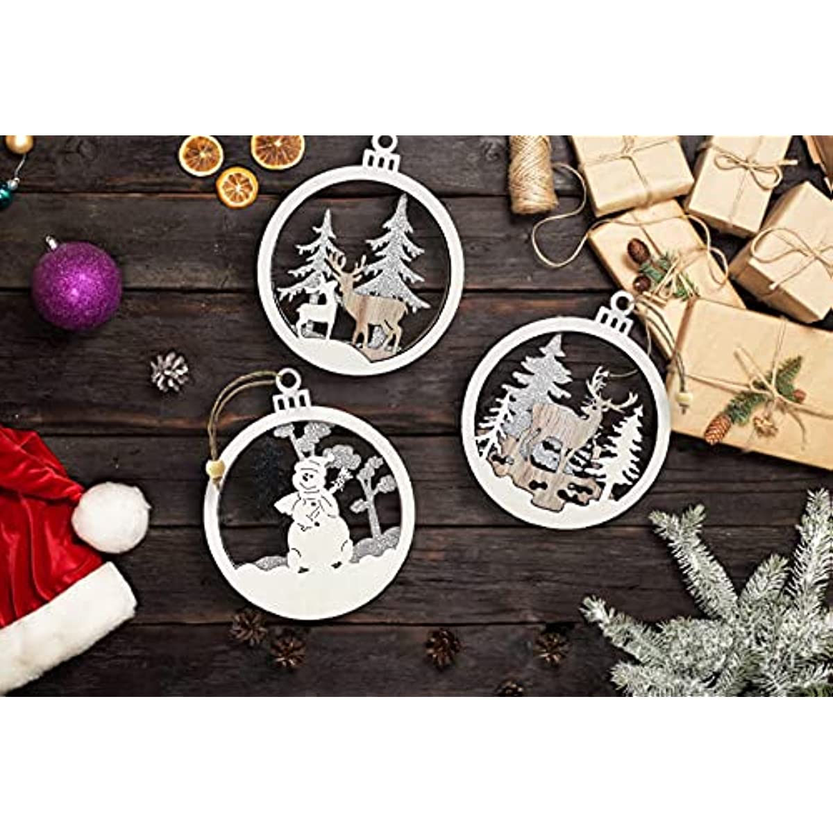 6pcs Christmas Farmhouse Rustic Ornaments Set for Christmas Tree  Decorations Hanging 3D Glitter Reindeer Wood Tree Ornaments Round Wooden  Christmas