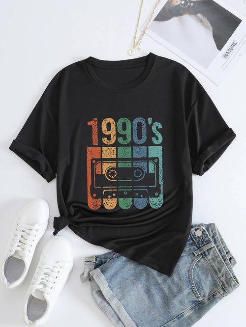 1990 Letter Print Solid T-Shirt, Crew Neck Long Sleeve Casual Top For All Season, Women's Clothing