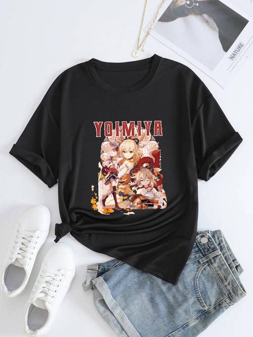 Comic Graphic Print Solid T-Shirt, Crew Neck Long Sleeve Casual Top For All Season, Women's Clothing