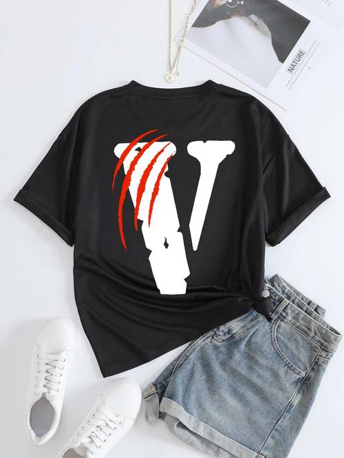 V Letter Graphic Print Solid T-Shirt, Crew Neck Long Sleeve Casual Top For All Season, Women's Clothing
