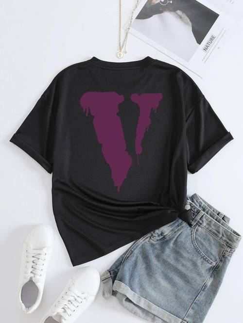 V Letter Graphic Print Solid T-Shirt, Crew Neck Long Sleeve Casual Top For All Season, Women's Clothing