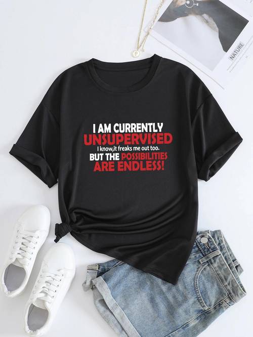 Letter Graphic Print Solid T-Shirt, Crew Neck Long Sleeve Casual Top For All Season, Women's Clothing