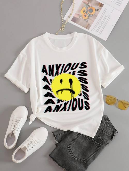 Smile Graphic Print Solid T-Shirt, Crew Neck Long Sleeve Casual Top For All Season, Women's Clothing