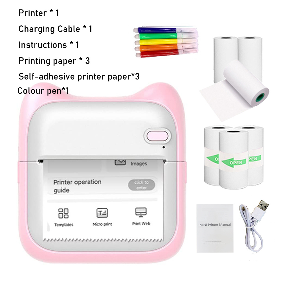 pocket printer mini portable bt wireless paper photo printer pocket thermal printing usb connection impresoras fotos pink for the big game details 5