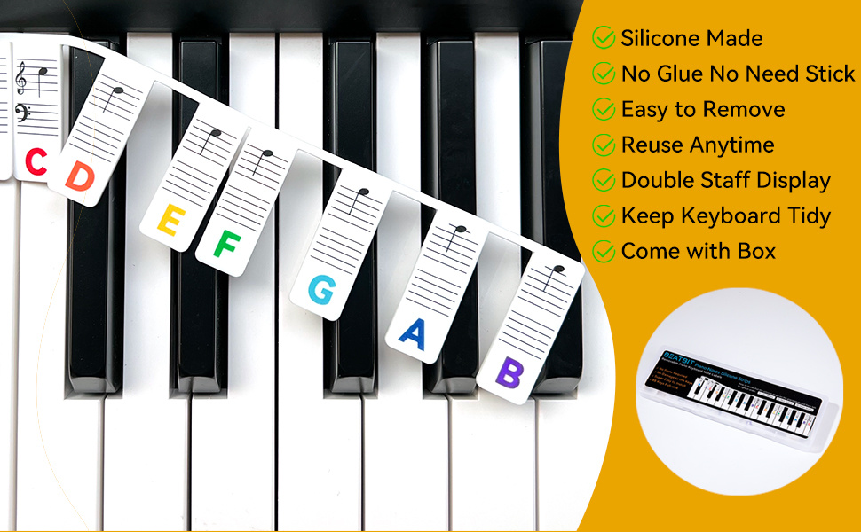 BEATBIT Piano Notes Guide for Beginner, Removable Piano Keyboard Note  Labels for Learning, 88-Key Full Size, Made of Silicone, No Need Stickers