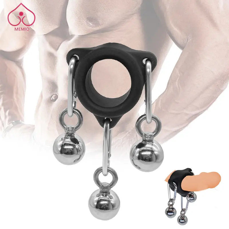 1pc 3-Ball Erection Training Silicone Penis Ring Metal Ball Penis Extender  Penis Enlargement Cock Hanger Stretcher Sex Toys For Men