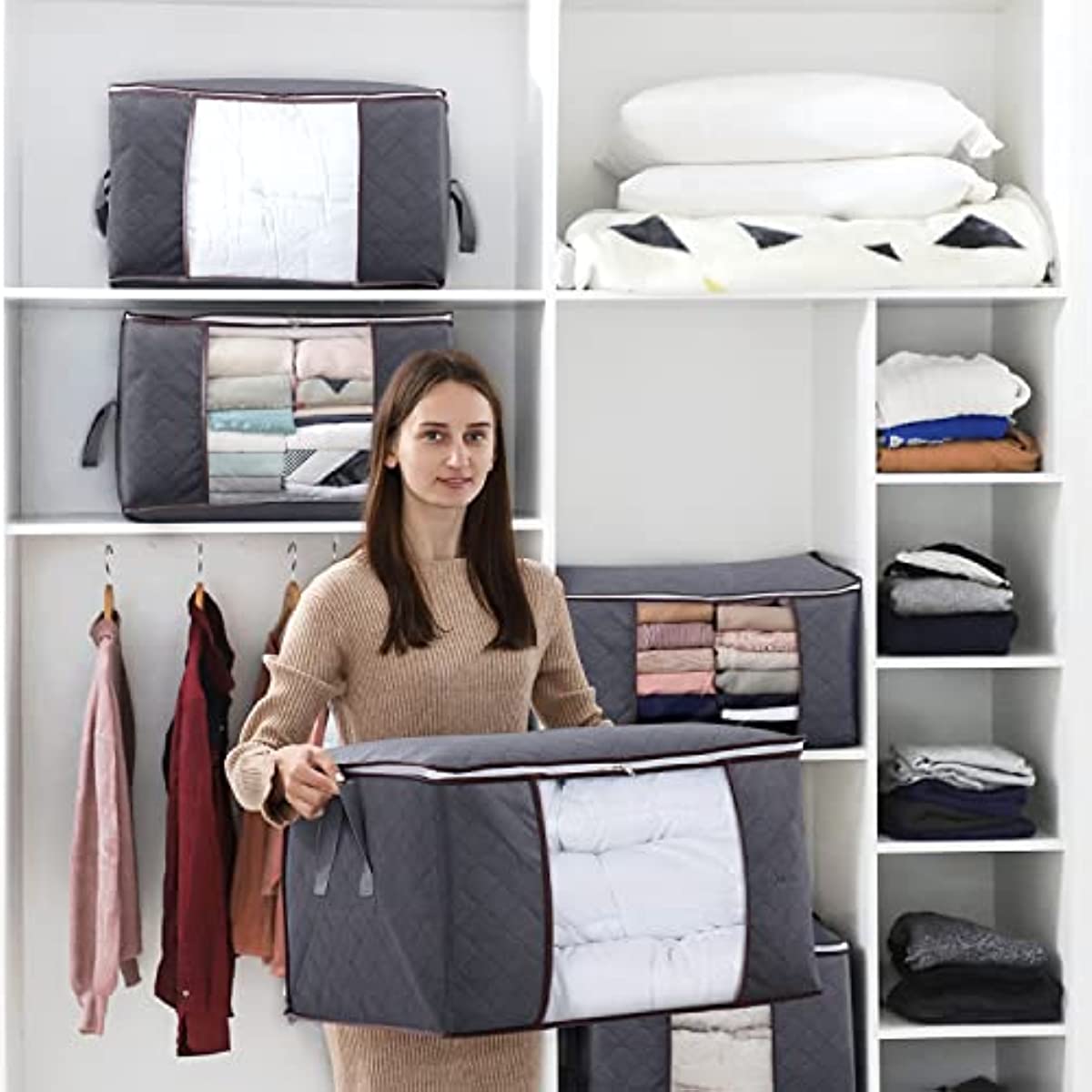 Clothes Storage Bag with Reinforced Handles 4pcs, Clothes Storage Bins  Foldable Closet Organizers for Comforters, Blankets, Clothing, Bedding with  Clear Window-Grey 