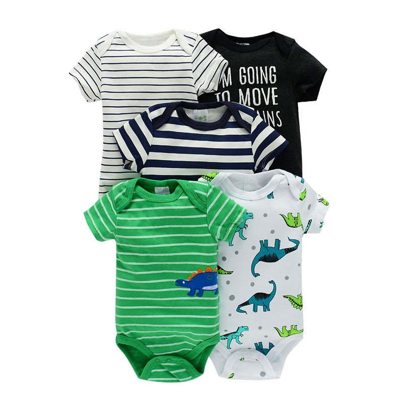 5pcs Newborn Infant Romper Cotton Cute Dinosaur Print Striped Short Sleeve Round Neck Bodysuit Onesies For Baby Boys Toddler Clothes