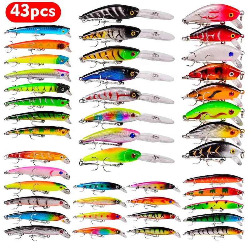 43pcs Premium Saltwater Fishing Lure Set with High Carbon Steel Treble  Hooks - Includes Minnows, Cranks, and Poppers for Mixed Sea Fishing