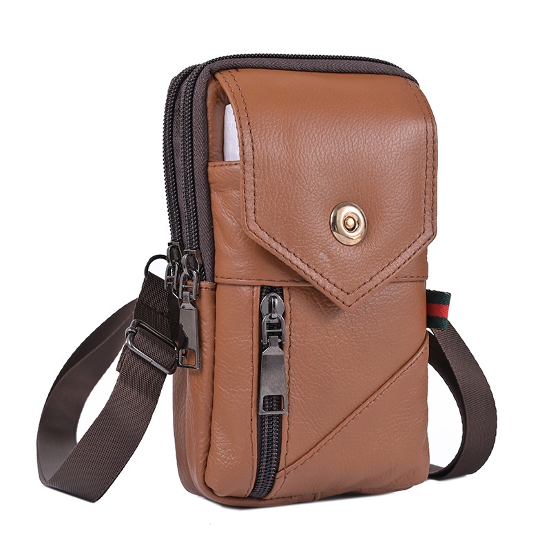 Men's Leather Waist Bag Large Capacity Belt Bag Brown Multi Layer ...
