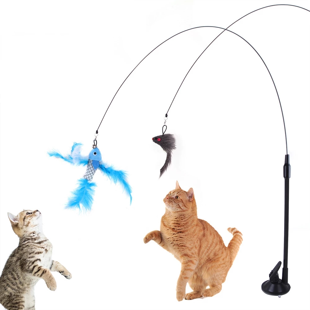 Simulation Bird interactive Cat Toy with Suction Cup Funny Feather Bird Cat  Stick Toy Kitten Play Chase Wand Toy Cat Supplies