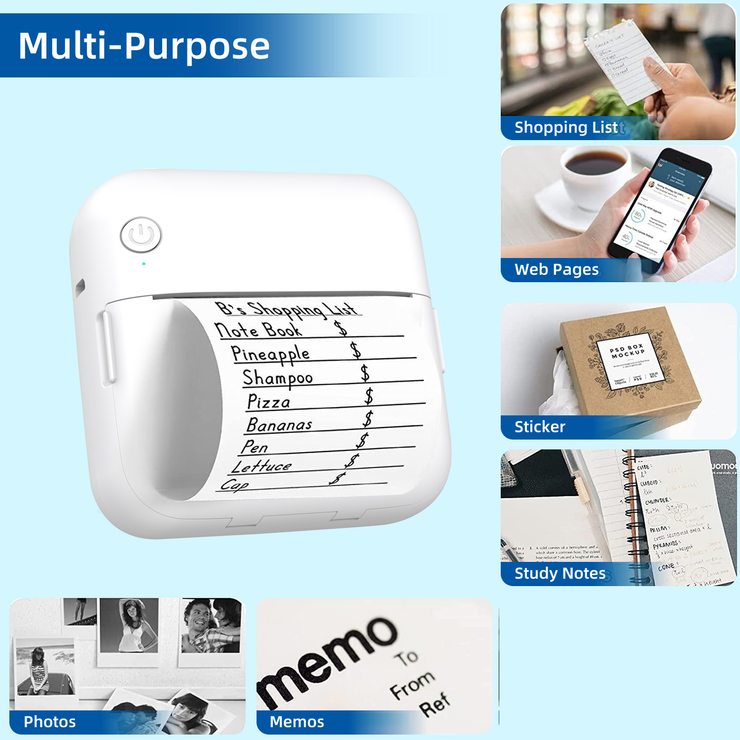 Mini Printer, Portable Sticker Printer For Printing Student Notes Memo  Pocket Label Printer