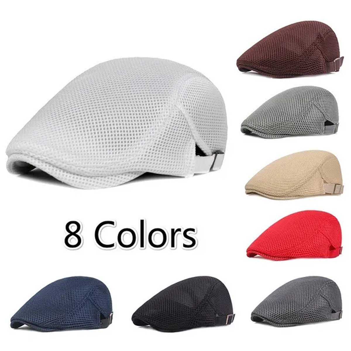 

1pc 8 Colors Men Cabbie Flat Cap Breathable Mesh Summer Hat Adjustable Newsboy Beret Ivy Cap