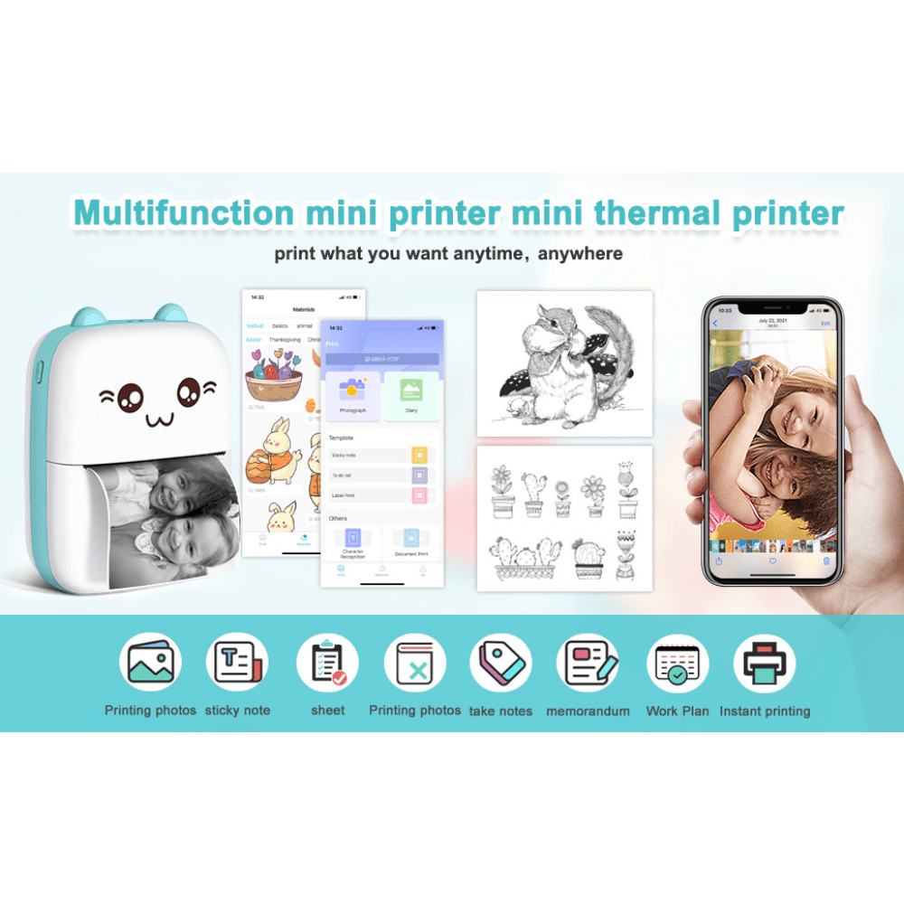 mini printer portable pocket thermal printer bt wireless smart printer for photo picture office receipt label note qr code inkless printing compatible with ios android app details 0
