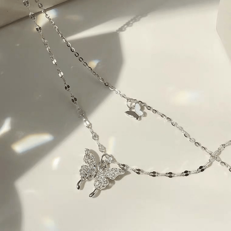 Double Layers Thin Chain Necklace Mini Butterfly Shape - Temu