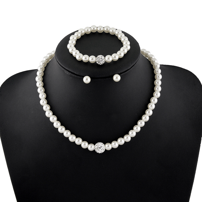 

Sparkling Faux Pearls Jewelry Set With Choker Necklace & Beaded Bracelet & Stud Earrings Set Crystal Chain Jewelry For Women
