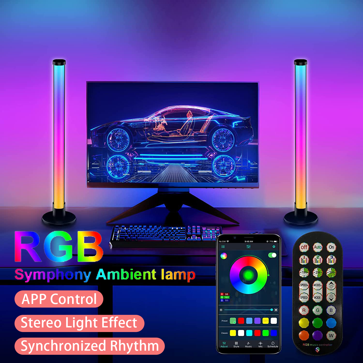 2 Pack Smart Led Lampe, Rgb Smart Schreibtischlampe mit 26 Lichteffekten  und 8 Musikmodi, Gaming Deko Lampe, Rgb Smart Schreibtischlampe Gesteuert B