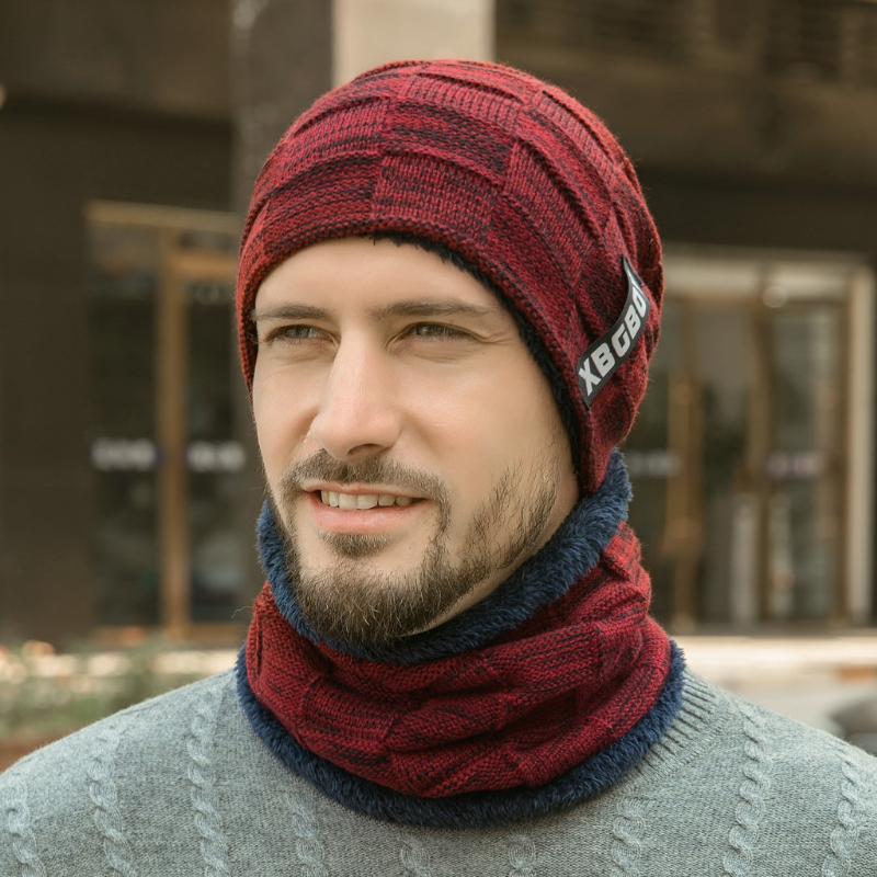 Thickened Woolen Knitted Cap with Scarf Burgundy / One Size