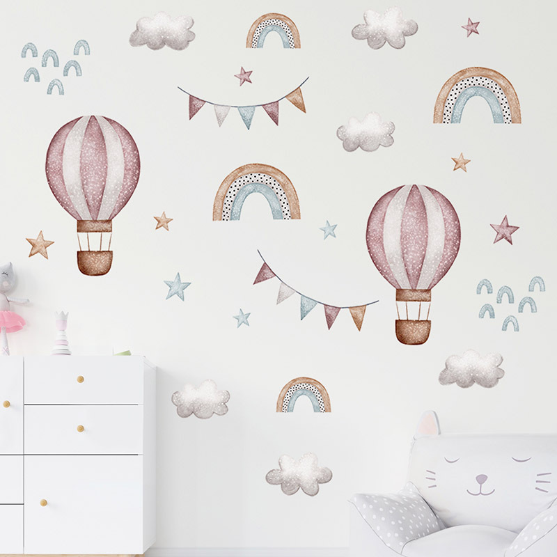 Watercolor Rainbow Hot Air Balloon Cloud Wall Stickers Kids - Temu