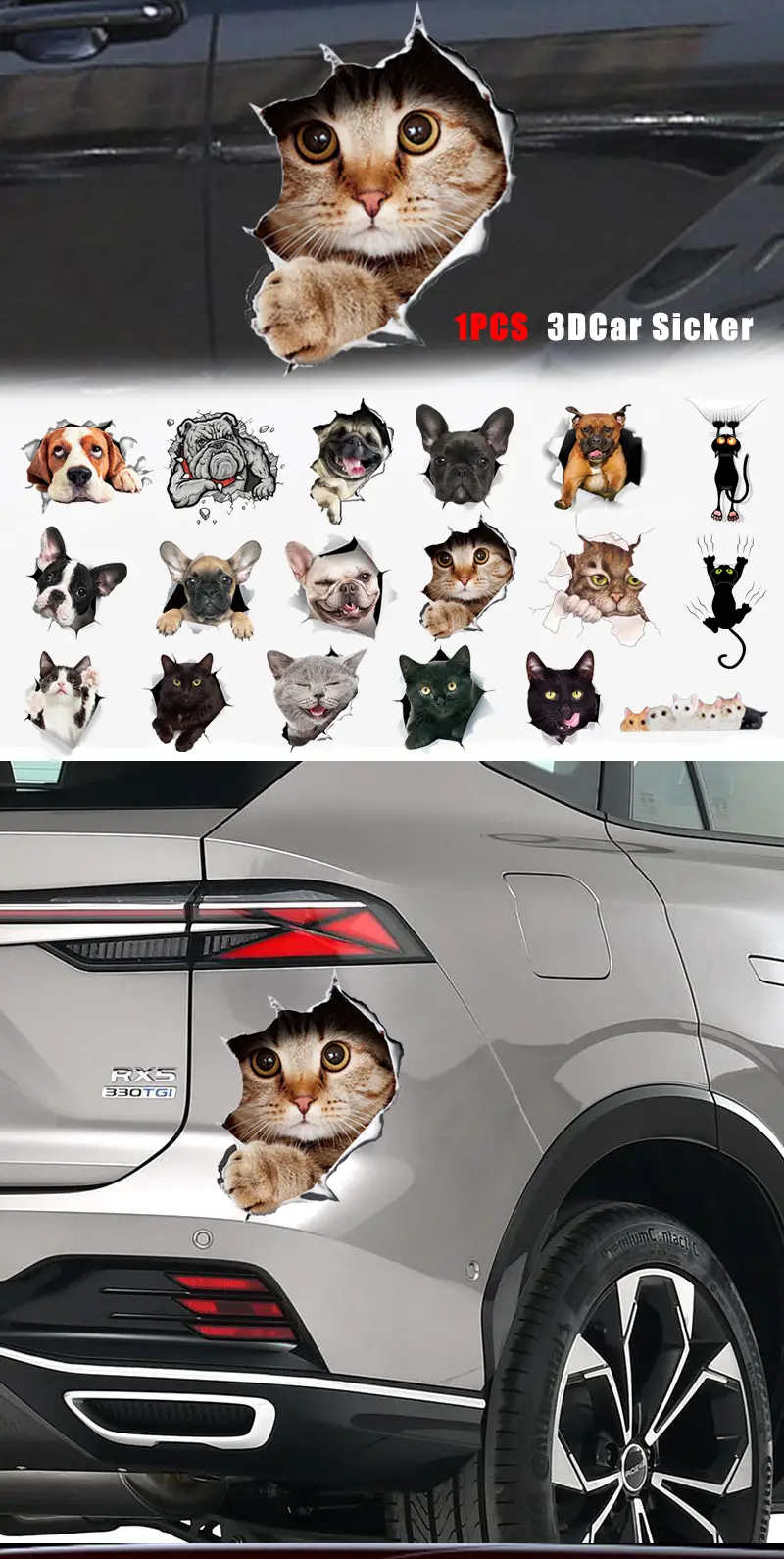 1Pc Car Sticker 3D Animal Car Sticker Creative Cat Dog Car Windows Sticker Cute Car Decals Car Ornament Home Decor Accessaries
