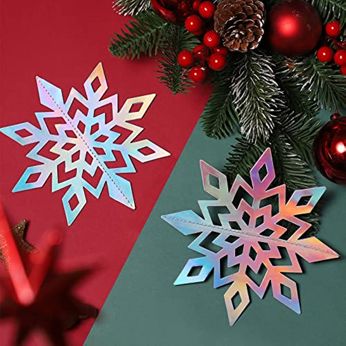 OLIKER 27PCS 3D Christmas Hanging Snowflakes Decorations, Frozen 3D  Iridescent Snowflakes Garland Christmas Ornaments, Holographic Snow Flakes  for