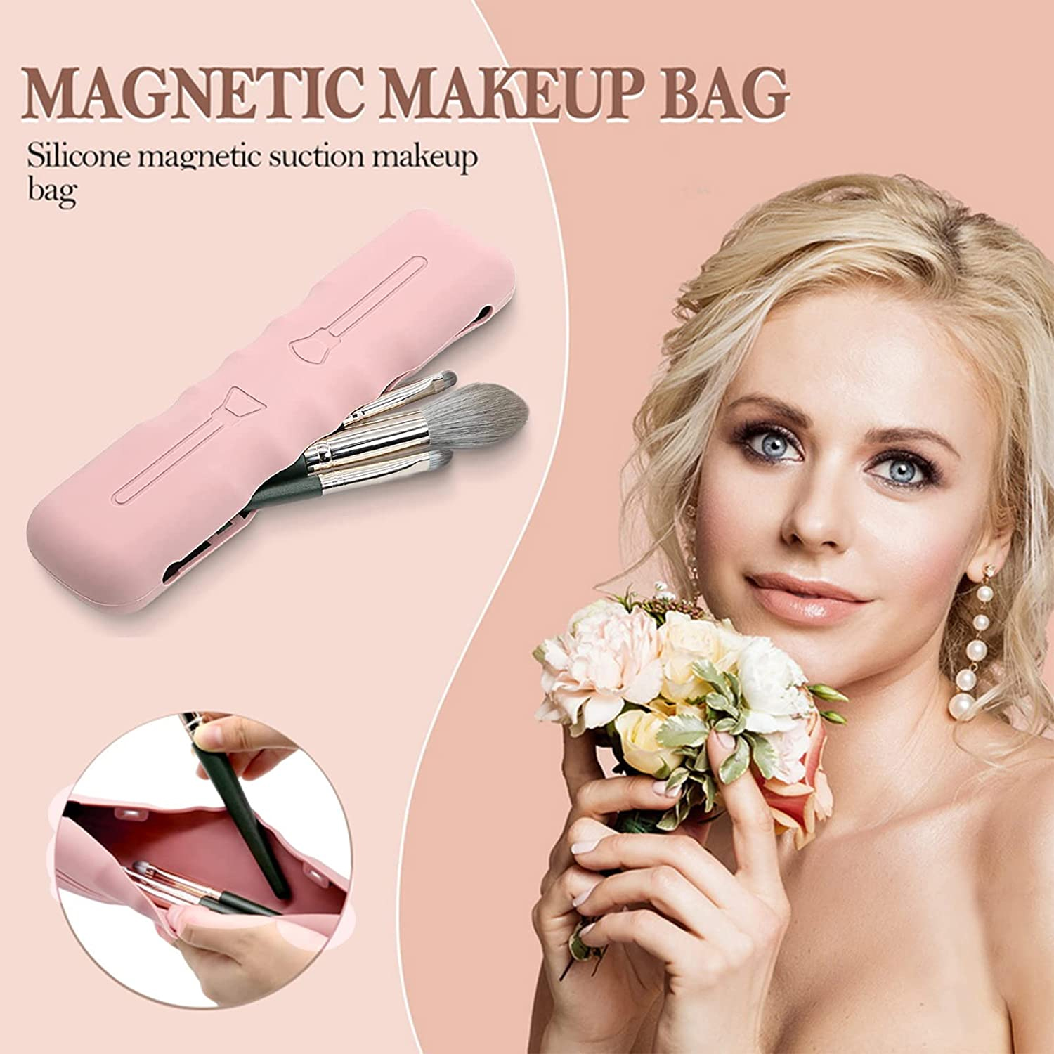 Magnetic Silicone Travel Makeup Brush Holder Organizer Bag for