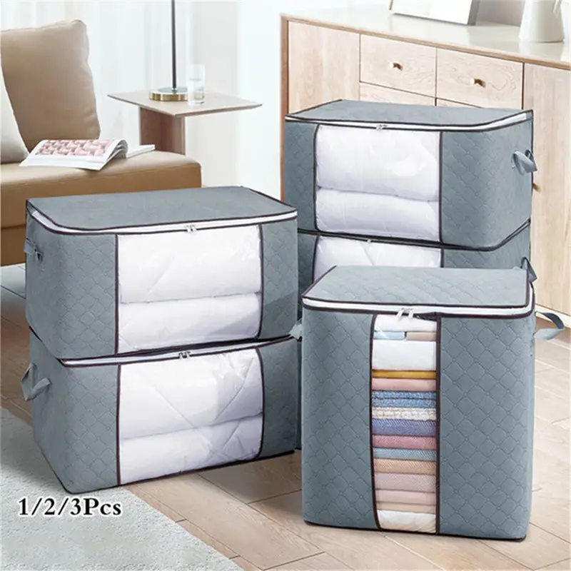 1pc large storage bag organizer clothes storage with reinforced handle storage containers for bedding comforters clothing closet clear window sturdy zippers details 7