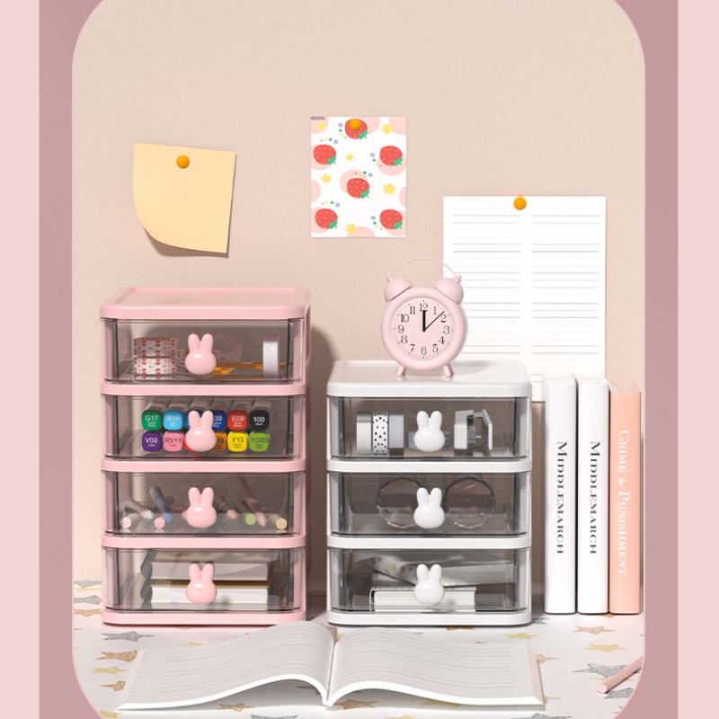 MINKYS Kawaii White/Pink/Transparent ABS Drawer Desktop Organizer Makeups  Pens Desk Storage Box Free Sticker School Stationery