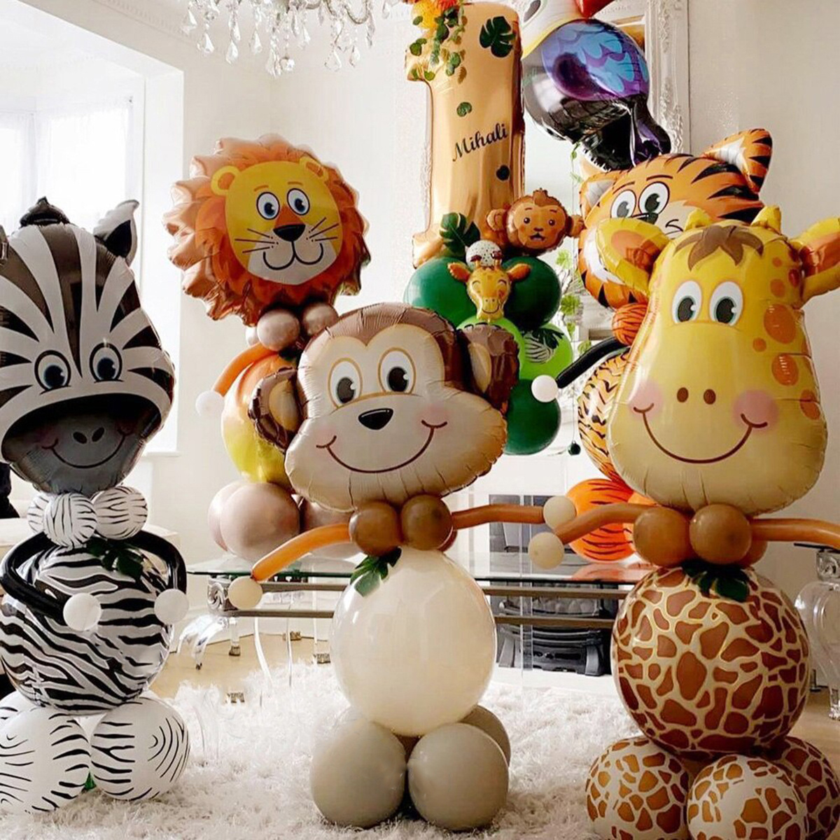  13 globos de animales de safari de la selva, kits de globos de  helio de aluminio Mylar para decoración de fiesta de cumpleaños de niños  con temática de animales : Juguetes