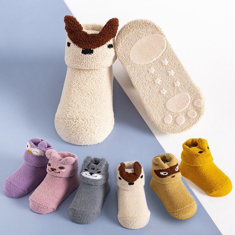 Bebê infantil coral velo quente antiderrapante meias de chão bonito dos desenhos animados animal gráfico meias da criança para meninos e meninas detalhes 2