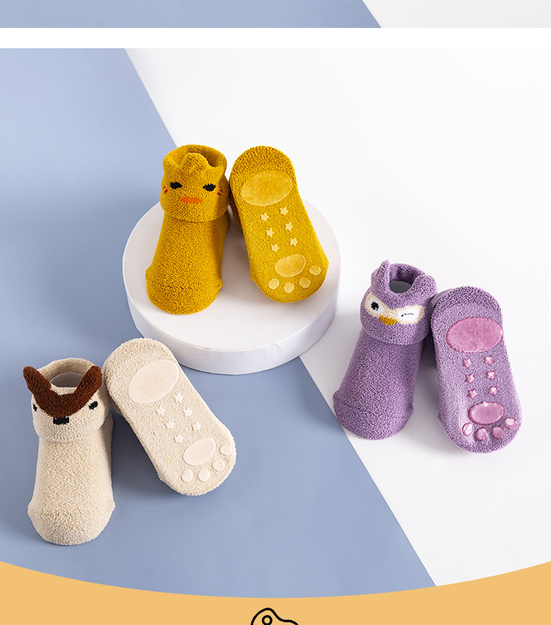 Bebê infantil coral velo quente antiderrapante meias de chão bonito dos desenhos animados animal gráfico meias da criança para meninos e meninas detalhes 5