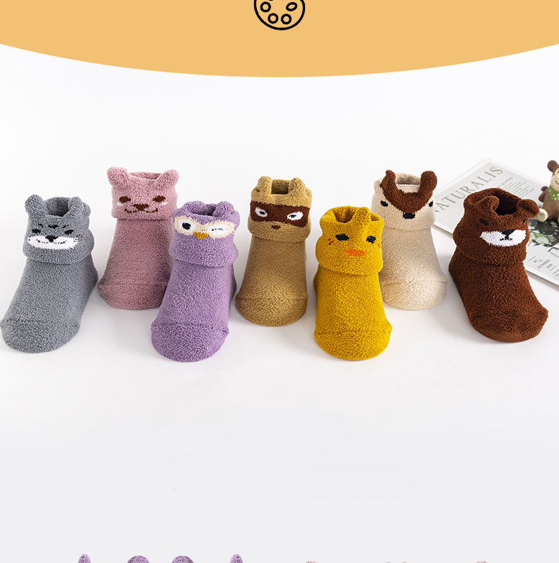 Bebê infantil coral velo quente antiderrapante meias de chão bonito dos desenhos animados animal gráfico meias da criança para meninos e meninas detalhes 6
