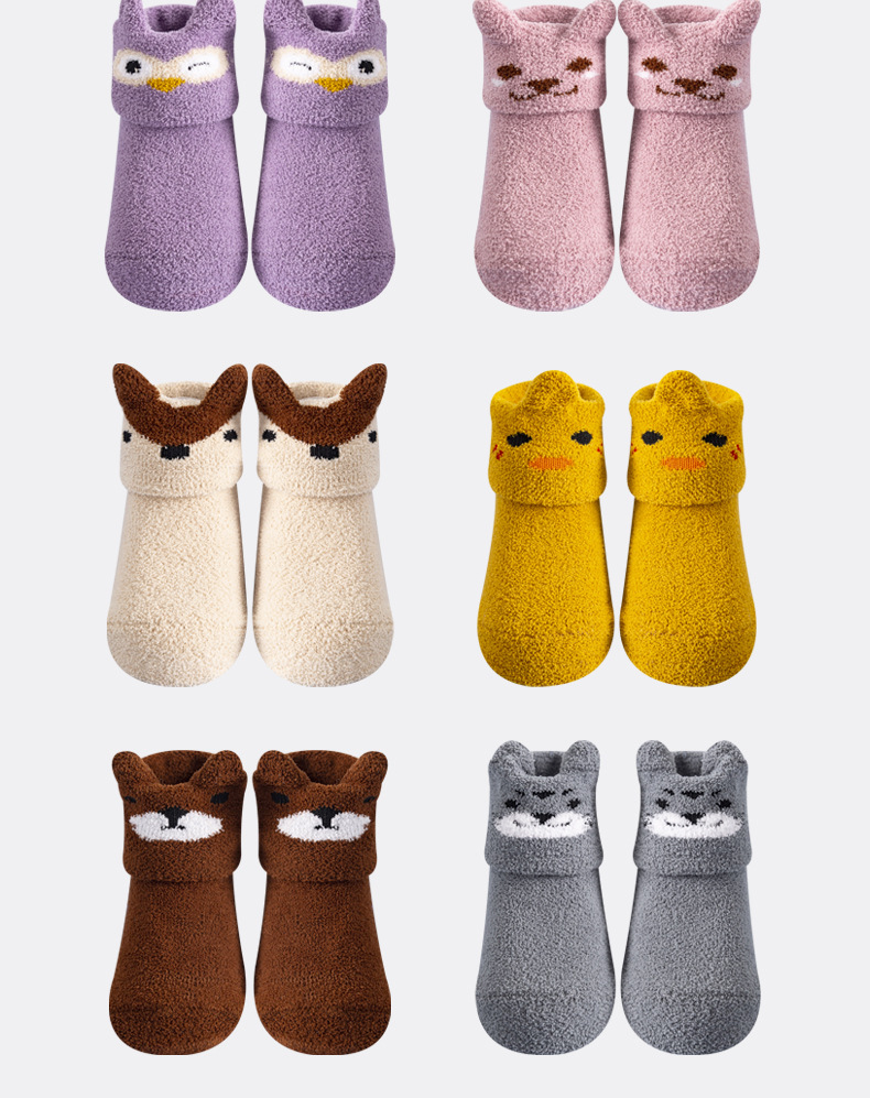 Bebê infantil coral velo quente antiderrapante meias de chão bonito dos desenhos animados animal gráfico meias da criança para meninos e meninas detalhes 7