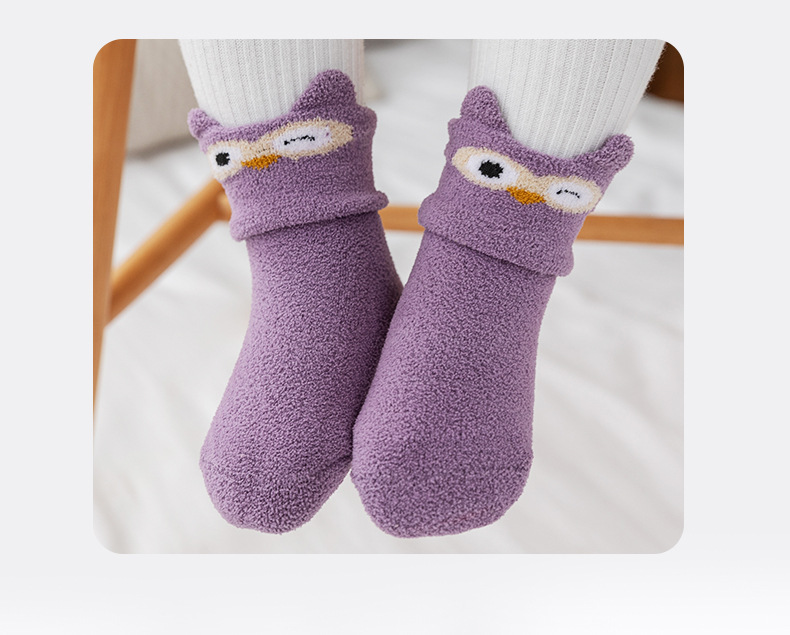 Bebê infantil coral velo quente antiderrapante meias de chão bonito dos desenhos animados animal gráfico meias da criança para meninos e meninas detalhes 9