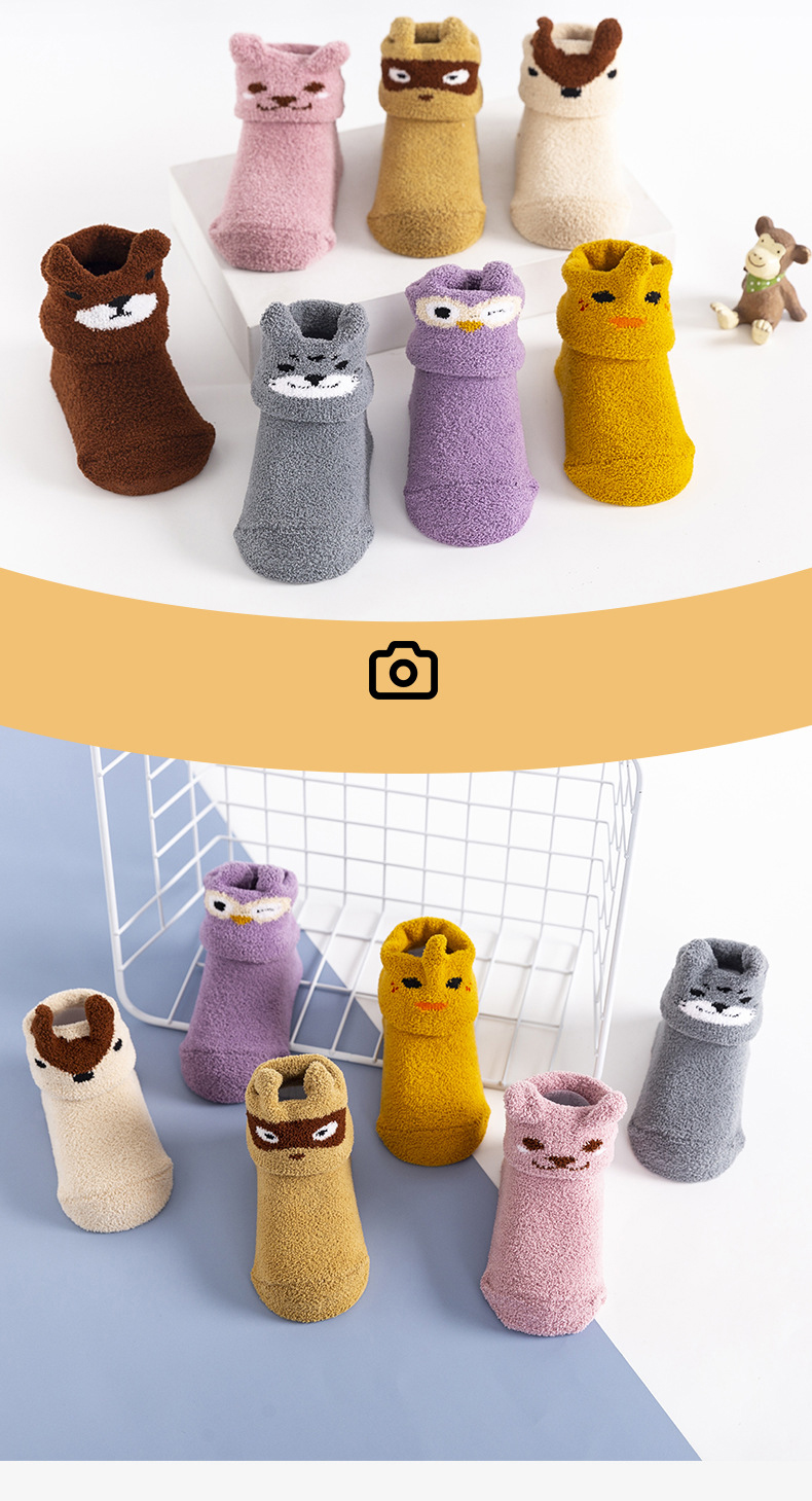 Bebê infantil coral velo quente antiderrapante meias de chão bonito dos desenhos animados animal gráfico meias da criança para meninos e meninas detalhes 10