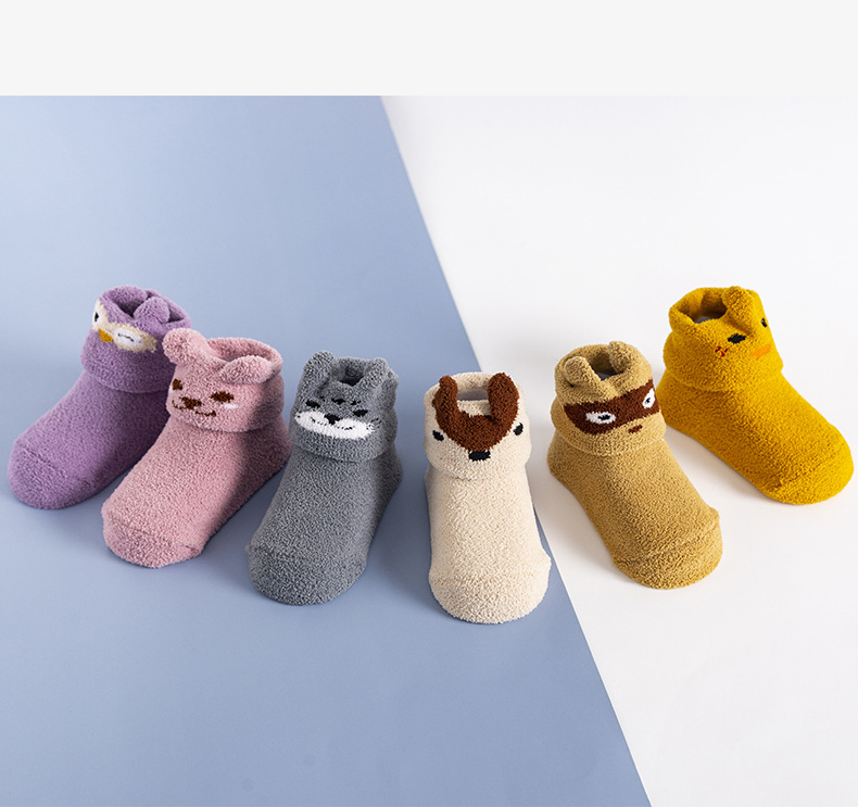 Bebê infantil coral velo quente antiderrapante meias de chão bonito dos desenhos animados animal gráfico meias da criança para meninos e meninas detalhes 13