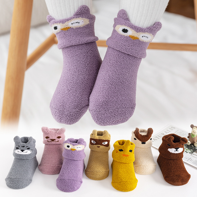 Bebê infantil coral velo quente antiderrapante meias de chão bonito dos desenhos animados animal gráfico meias da criança para meninos e meninas detalhes 14