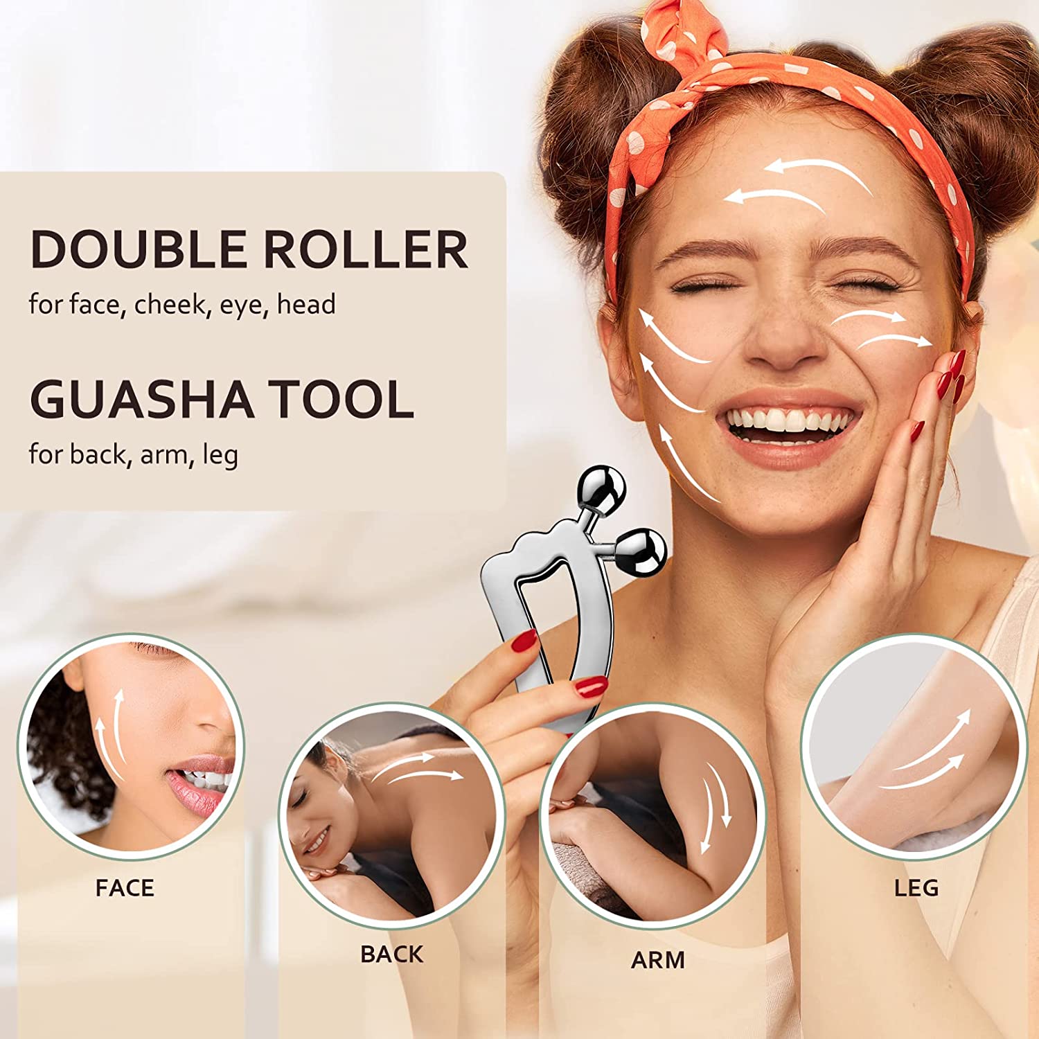 Face Massager, Metal Face Roller Gua Sha Massage Tool for Face