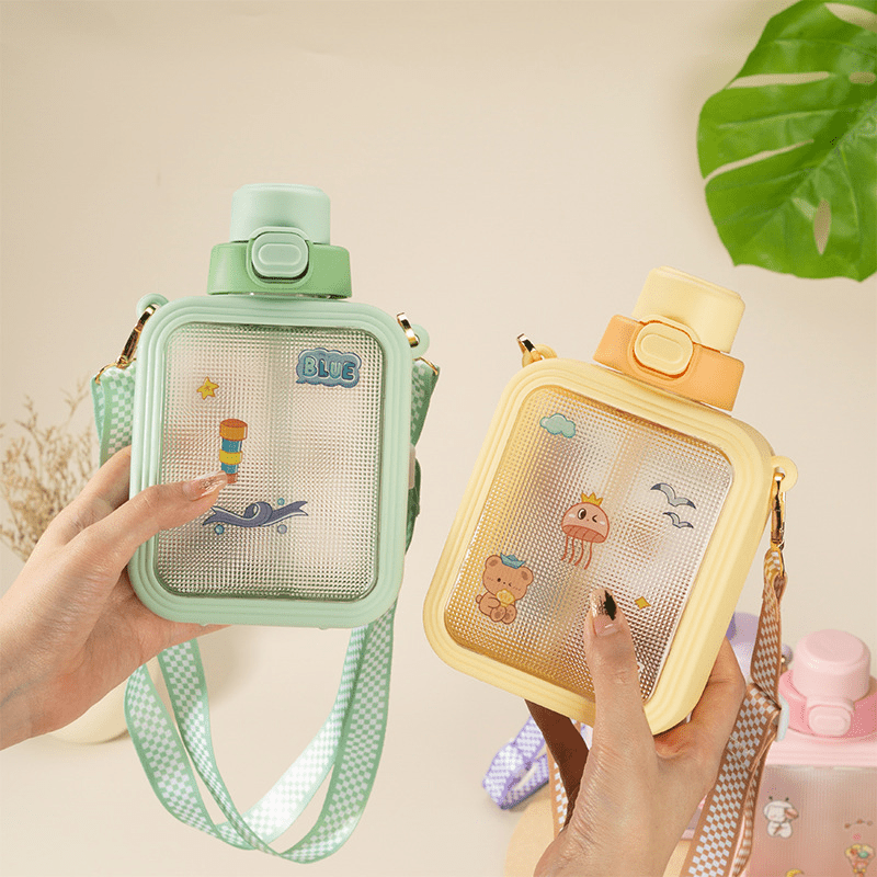 Kawaii Water Bottle Cute Square Water Bottles With Straw,portable Travel  Water Cup With Adjustable Strap With Random Sticker For Office School Gifts