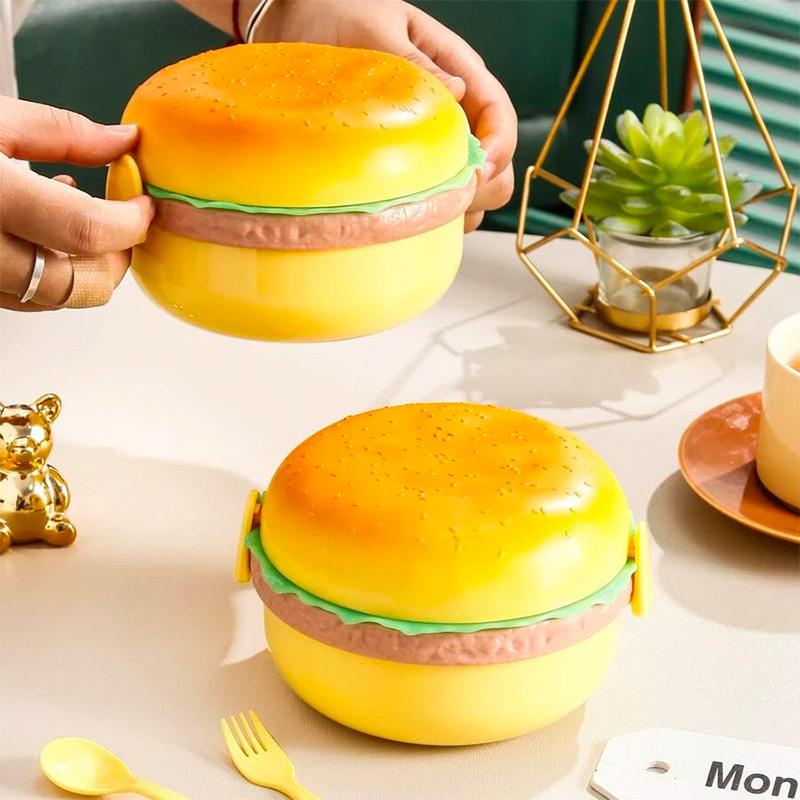 

1pc Cute Hamburger Shaped Plastic Lunch Box - Portable Food Container For Healthy Meals On The Go