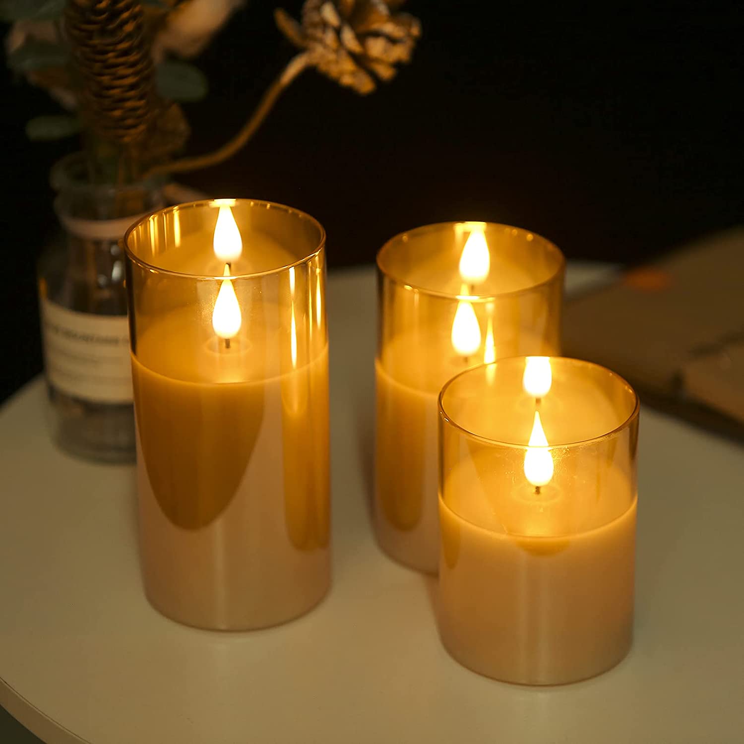 Amber Glass LED Flameless Candles Real Pillar Wax Flickering Moving Wick  Effect Gold Halloween Glass Candle Set with Remote Control Cycling Timer  Flickering Wit…