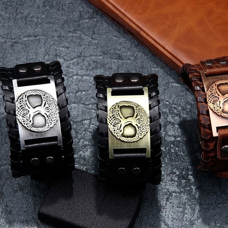 Punk Style Leather Bracelet with Lucky Tree Pattern