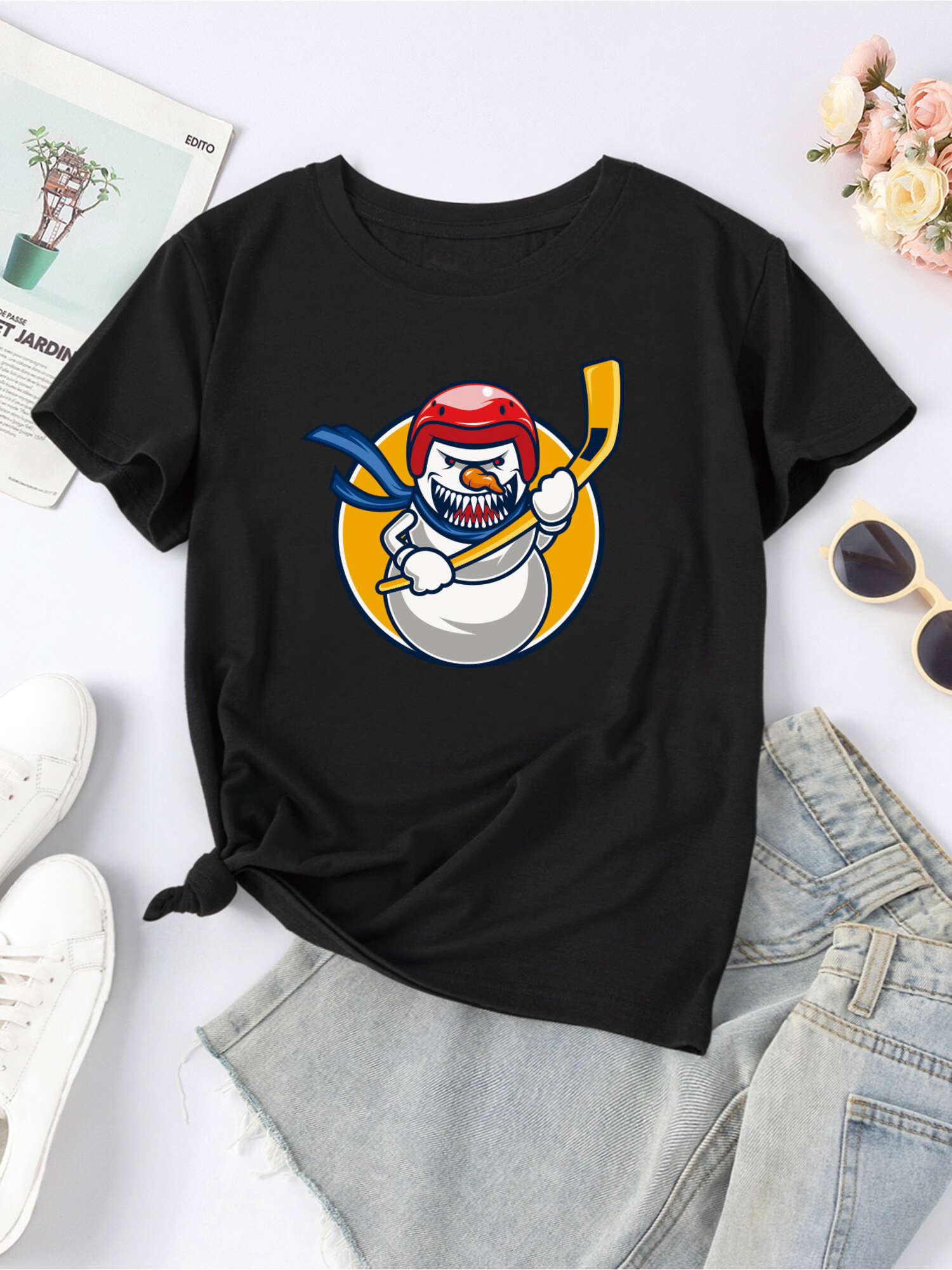 Christmas Hockey Snowman Print T shirt Casual Crew Neck - Temu Canada